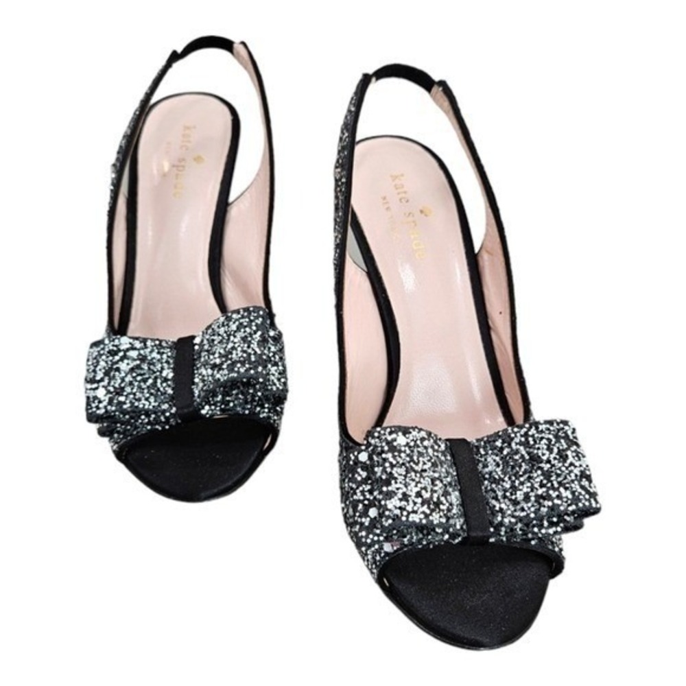 Kate Spade Black Sparkle Bow Sling Back Vamp Heels 6.5 Cocktail Open Toe Flaw
